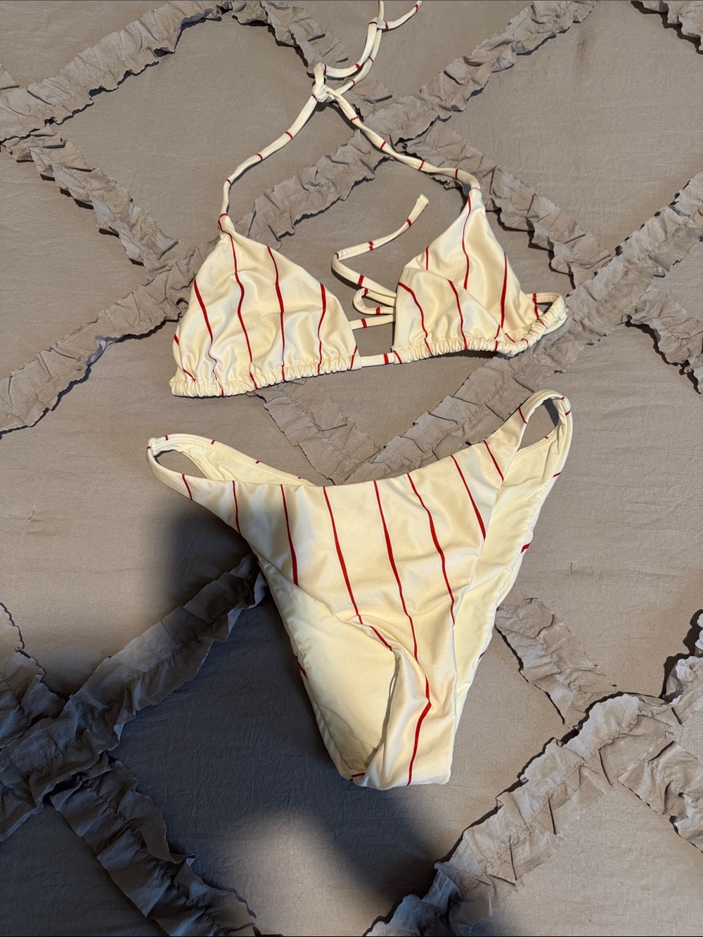 NWOT Amanda Batula Swim Striped Cream Bikini Set with Red Pinstripes